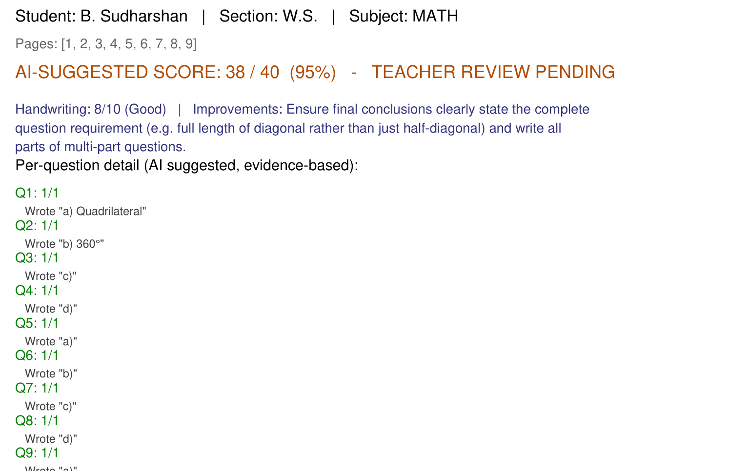 Real Student Diagnostic Report Card